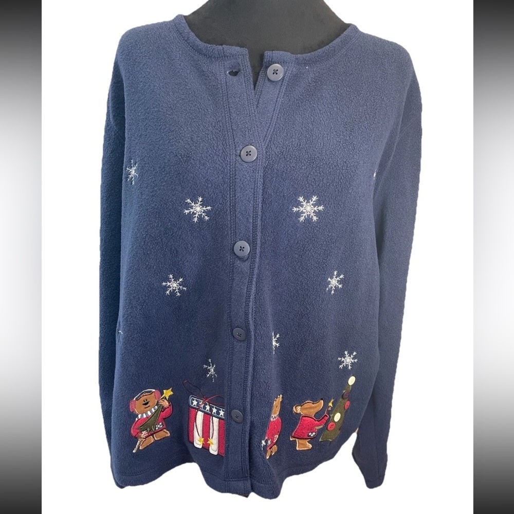 Croft & Barrow ladies navy blue appliquéd Christmas‎ button up jacket size large